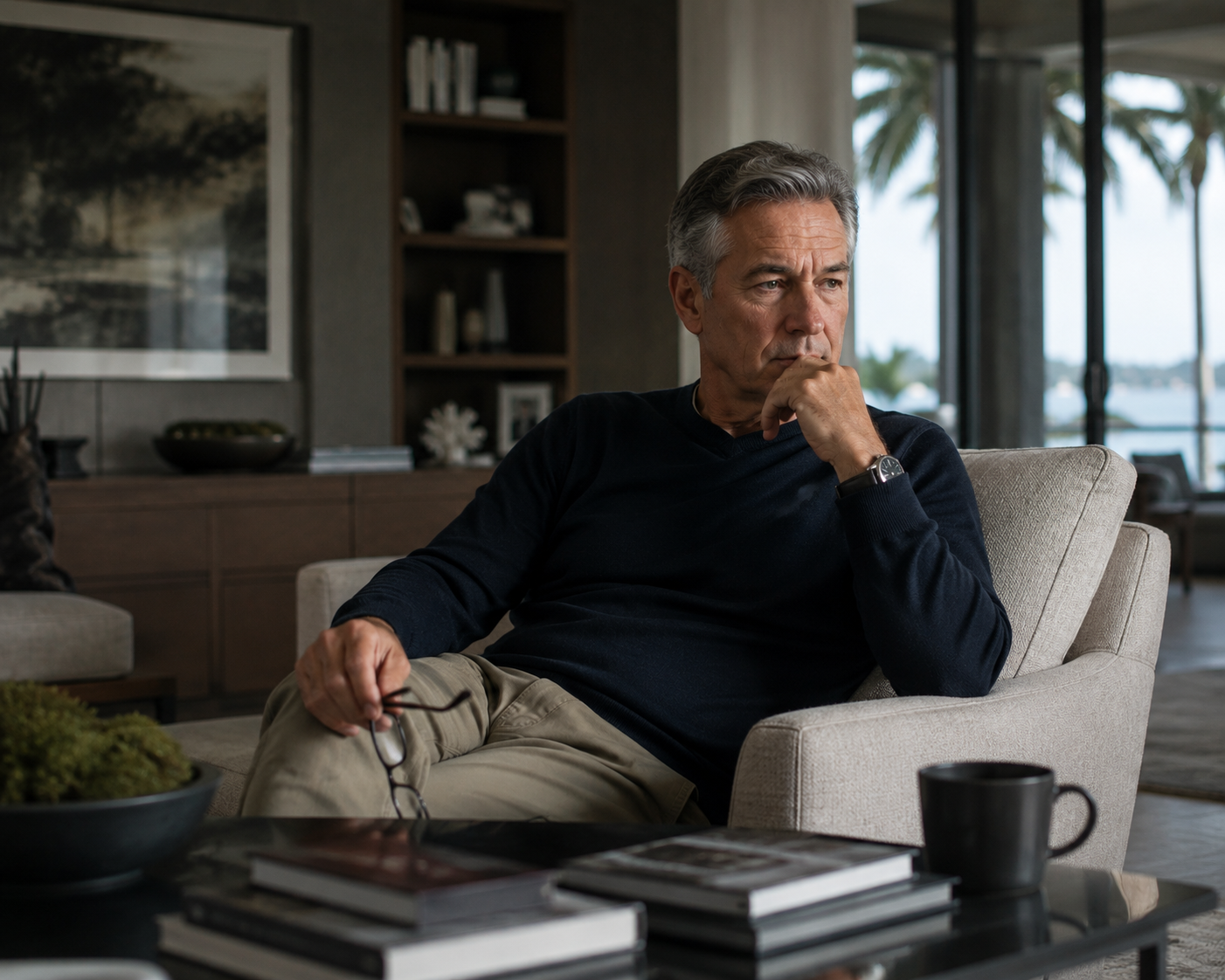 A retired Miami executive pausing in his living room, glasses in hand, gazing out toward the water