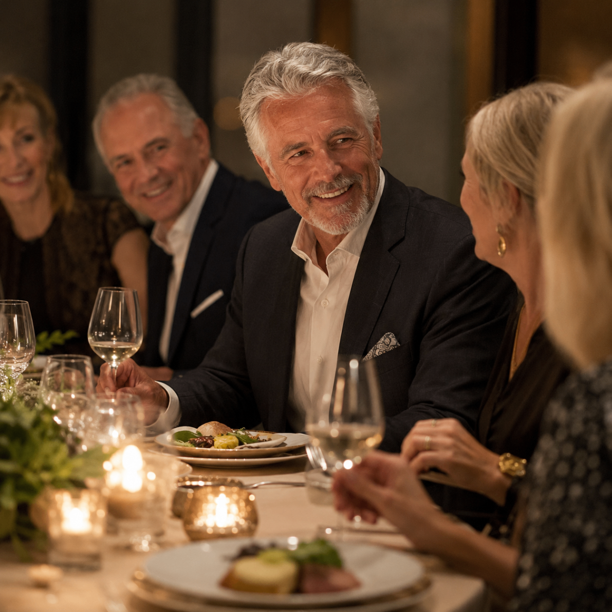 An intimate dinner gathering with elegant table settings and conversation