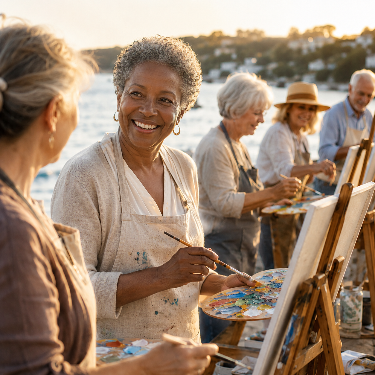 An outdoor painting class at golden hour by the water