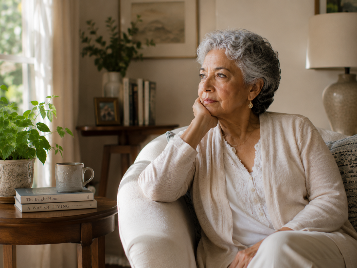 A retired Miami professional pausing at home, looking out toward the garden