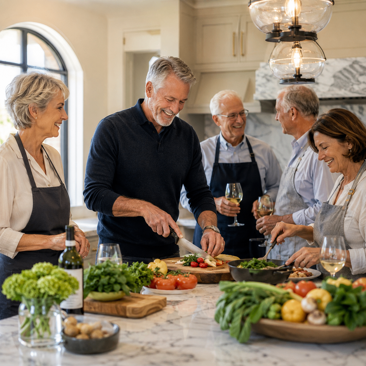 A private cooking session with friends preparing food together in a bright kitchen