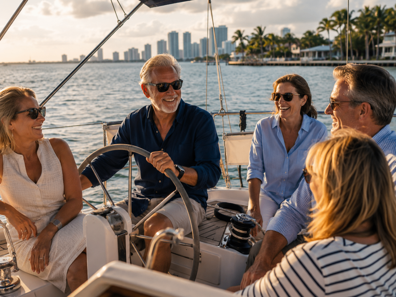 A small group enjoying a sailing outing on the water with the Miami skyline in the background